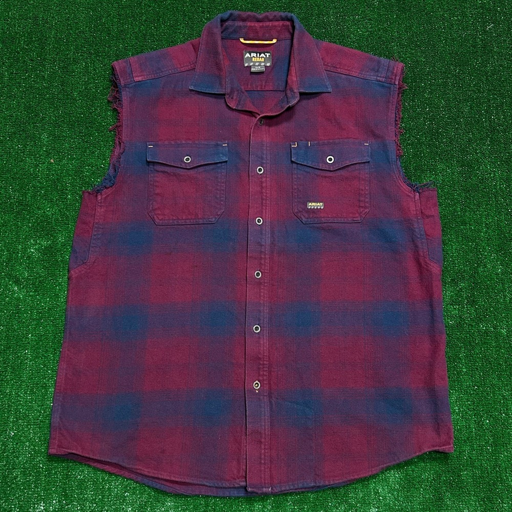 Ariat Rebar Vest Mens Large Burgundy Plaid Sleeveless Flannel Distressed Utility